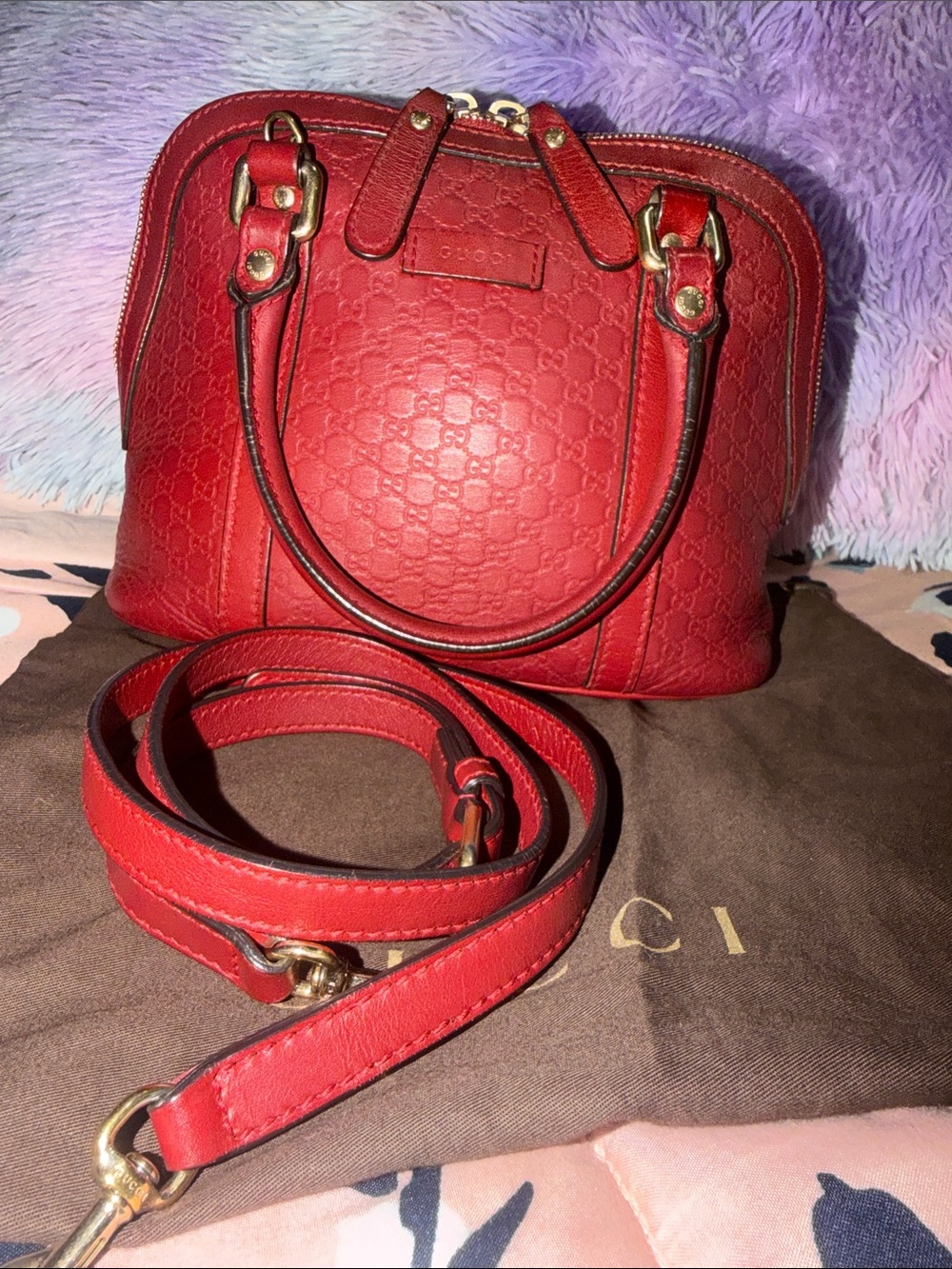 Gucci Red Embossed Leather Crossbody Satchel with Gold Hardware